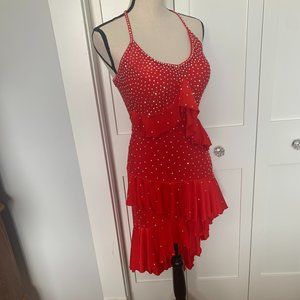 Red Ruffle Latin Dress w/ Crystal AB stones M/L
